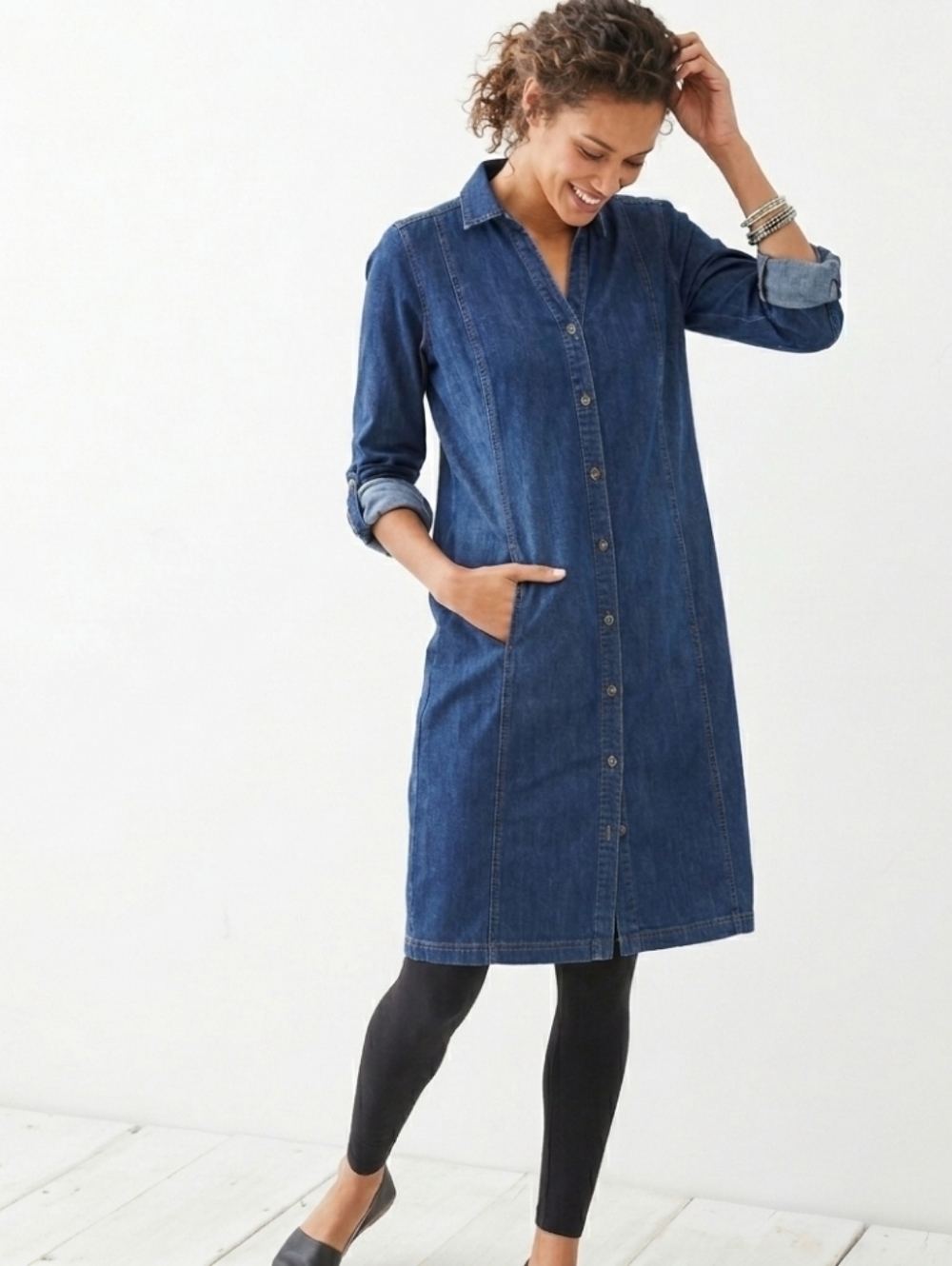 J.jill Denim Long Sleeve Roll Tab Full Button Up Blue Denim Dress Large Petite